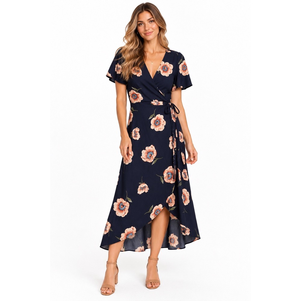 Blu Pepper Navy Floral Wrap Midi Dress Short Sleeve Tie Waist Size Small